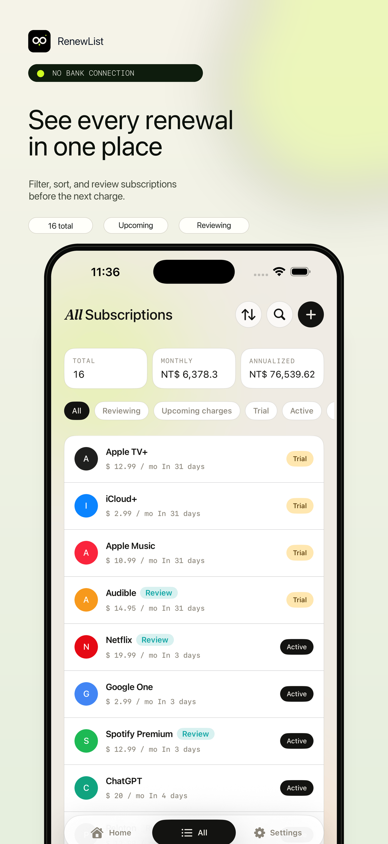 RenewList marketing screenshot for all subscriptions.