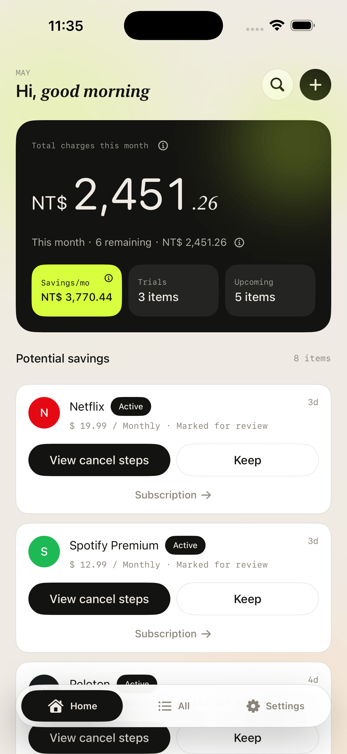 RenewList dashboard showing monthly charges, potential savings, trials, and upcoming renewals.